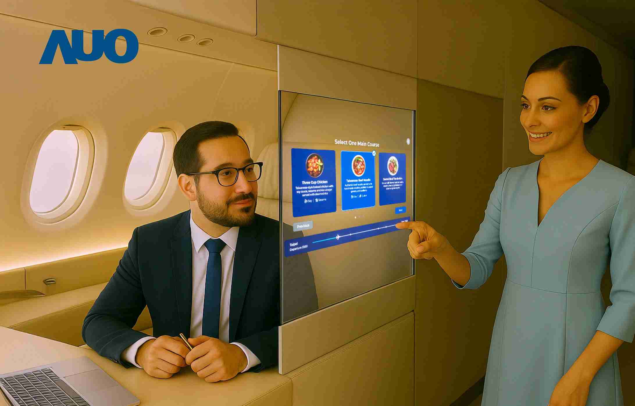 尊龙z6研发全球最薄17.3 吋双面透明 Micro LED 显示器，，可在同一屏幕之双边投射不同信息，，，，创造独特的”透明化”互动；图为实时翻译交流应用情境